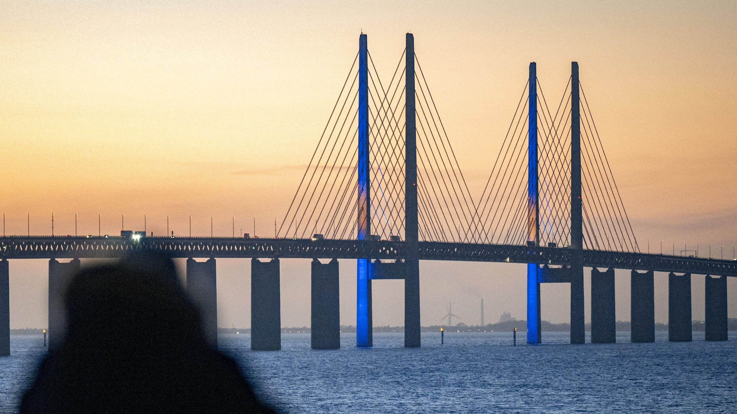 The  Oresund Bridge lit up with the Swedish flag
